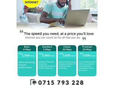 Fast Fibre Internet Access Call us today for installation: 0715793228