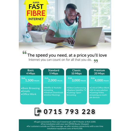 Fast Fibre Internet Access Call us today for installation: 0715793228