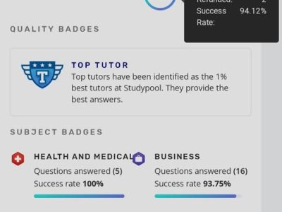 Studypool Top tutor completed 30+ orders, rated 94%, with 3 Non Technical badges